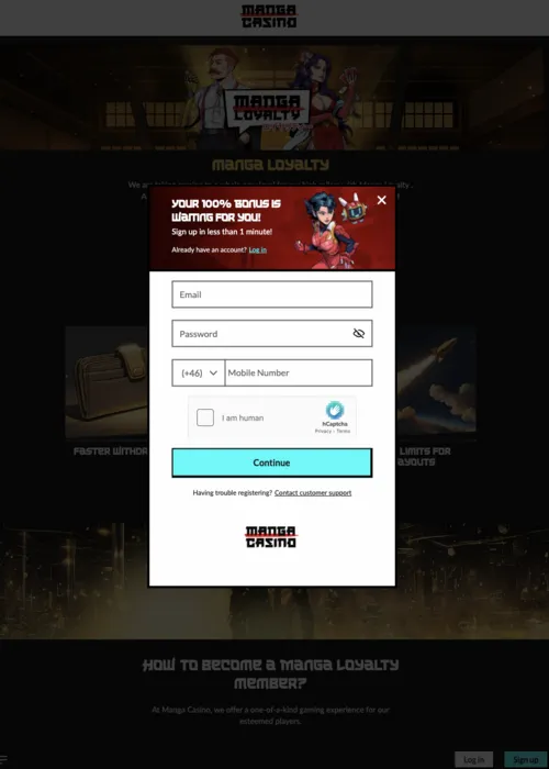 Quick new player registration Manga Casino